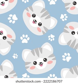 blue seamless pattern background with grey kittens paw texture, kids pet fabric and textile, wrapping paper design.