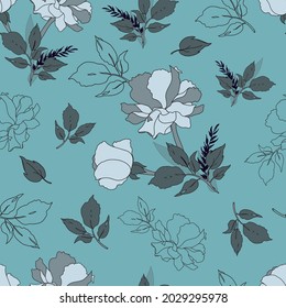 Blue Seamless Pattern Background with Roses