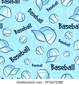 Blue seamless pattern with baseball concept and elements. Repetitive background with equipment balls, white hats and text. Sport texture with repeat softball artwork.