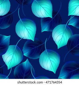 Blue seamless pattern with birch leaves. Vector illustration.
