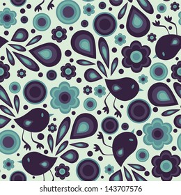 Blue seamless pattern with birds and flowers