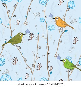Blue seamless pattern with birds on branches