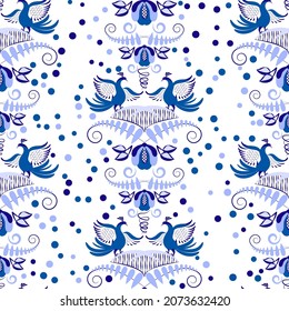 Blue seamless pattern with birds in the style of ethnic cobalt painting on porcelain. Floral tiled background for wallpaper, fabric or wrapping paper. Vector illustration
