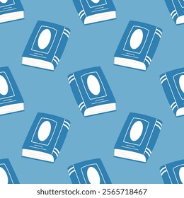 Blue seamless pattern with books. Education, bookstore, library, literature cartoon print.