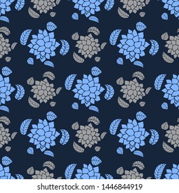 Blue seamless pattern with bouquets of stylized asters. Endless texture for design. Vector background with asters and floral elements for textile, design of fabric, packaging.