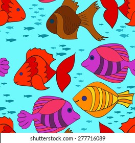 Blue seamless pattern with bright fishes