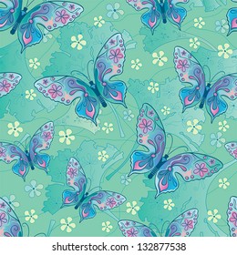 Blue seamless pattern with butterfly