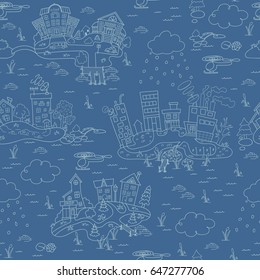 Blue seamless pattern with cartoon island town. Hand drawn ornaments. Decorative sketch of cartoon city. 