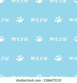 Blue seamless pattern with cat paws and meow text