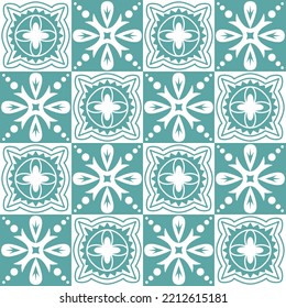 Blue seamless pattern for ceramic tiles in spanish portuguese retro style, blue white pastel