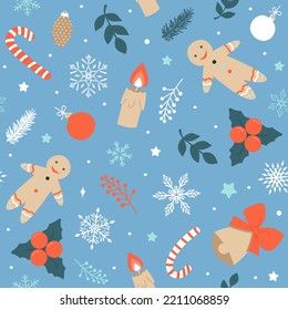 Blue seamless pattern of Christmas elements. Modern simple flat vector illustration.