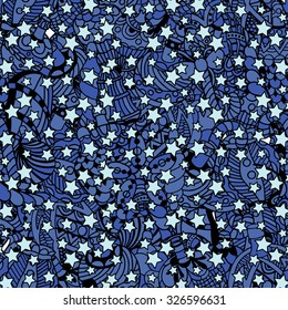 Blue Seamless pattern with christmas hand-drawn decorative elements in vector. Fancy Christmas balls. Pattern for coloring book. Made by trace from sketch. Zentangle
