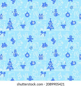 Blue seamless pattern with Christmas symbols of a fir tree