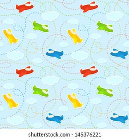 Blue seamless pattern with clouds and airplane stickers.