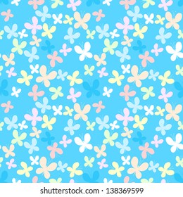 Blue seamless pattern with color butterflies, vector
