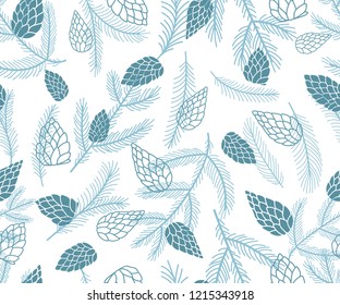 Blue seamless pattern of cones and fir branches on white background