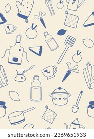 blue seamless pattern with cooking utensils and food