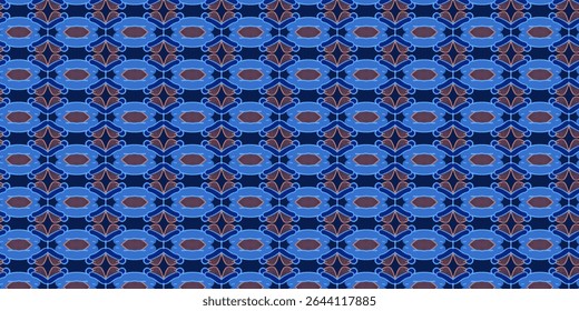 Blue seamless pattern with copper accents and symmetrical floral designs, ideal for fabric, wallpaper, and digital design with a cool-toned, modern elegance.