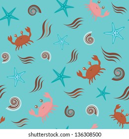 Blue seamless pattern with crabs, shells and stars