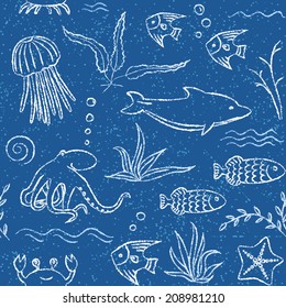 Blue seamless pattern with crayon sea animals