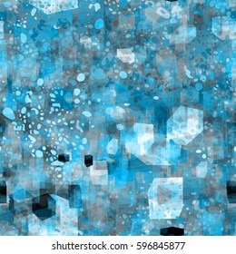 Blue seamless pattern with cubes and spots. Abstract vector texture. Grunge background with watercolor effect, for fabric, wrapping