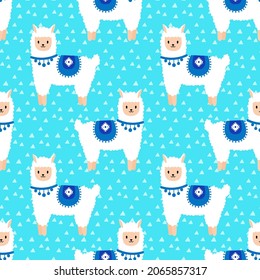 Blue seamless pattern with cute alpacas. Cute and childish design for fabric, textile, wallpaper, bedding, swaddles or gender-neutral apparel.