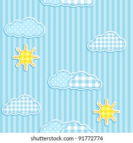 Blue seamless pattern with cute clouds and sun