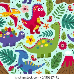 blue seamless pattern with cute dinosaurs  - vector illustration, eps
