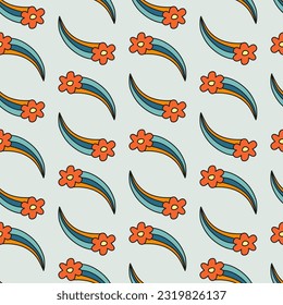Blue seamless pattern with cute doodle daisy flowers in retro groovy style.