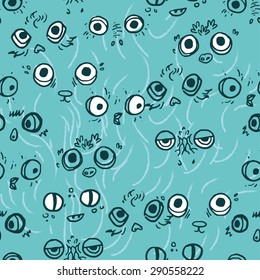 Blue seamless pattern with cute monster faces