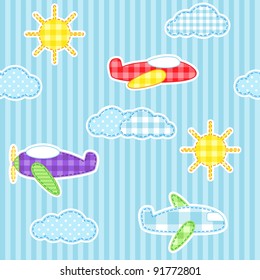 Blue seamless pattern with cute planes, clouds and sun