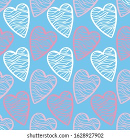 Blue seamless pattern of decorative painted pink and white hearts