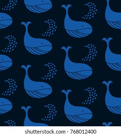 Blue seamless pattern with decorative whales. Vector childish background, cute ocean