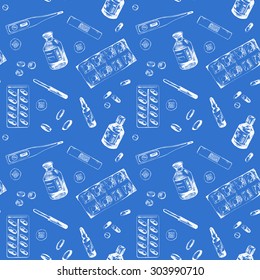 Blue seamless pattern with different medicine items