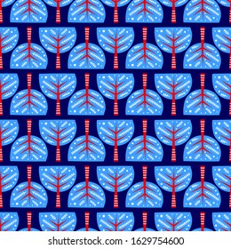 Blue seamless pattern with doodle trees in Scandinavian minimalist style.