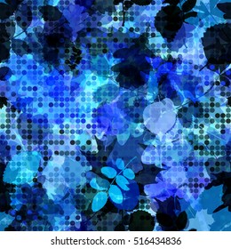 Blue seamless pattern with dots and leaves. Art background