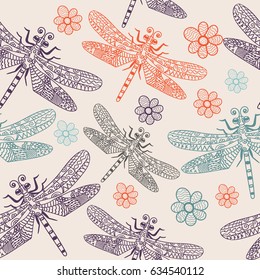 Blue seamless pattern dragonflies for kids room, design, posters, wallpapers, fabric, textile, wrapping paper, curtains. Cartoon insects character Eps10