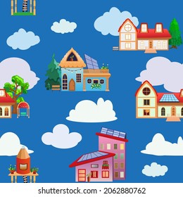 Blue seamless pattern. Eco houses with solar power