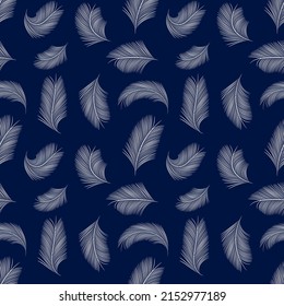 Blue seamless pattern with feathers. Minimal abstract style. Soft flat textile. Nature handdrawn elements. Vector stock illustration