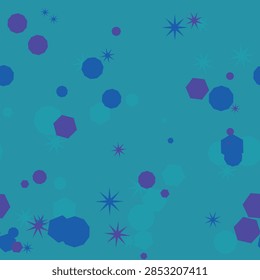 Blue seamless pattern featuring vibrant geometric shapes, scattered multi pointed stars, soft glowing bokeh circles, aquatic teal backdrop, modern digital texture, decorative surface design, elegant artistic composition, smooth repeating elements, cool color palette, minimalist visual style, charming textile print, bright festive atmosphere, creative graphic art, stylish endless wrap, dynamic fluid rhythm.