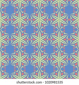 Blue seamless pattern with floral design. Colored background with red yellow flower elements for wallpapers, textile and fabrics