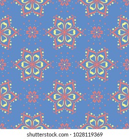 Blue seamless pattern with floral design. Colored background with red yellow flower elements for wallpapers, textile and fabrics