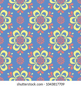 Blue seamless pattern with floral design. Colored background with red yellow flower elements for wallpapers, textile and fabrics