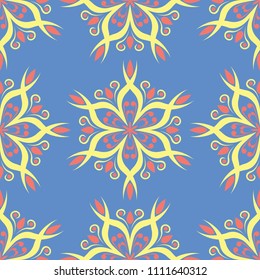 Blue seamless pattern with floral design. Colored background with red yellow flower elements for wallpapers, textile and fabrics