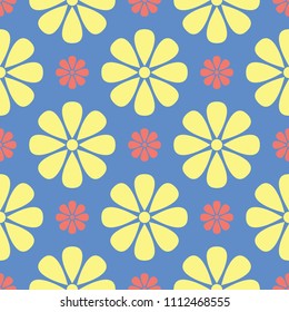 Blue seamless pattern with floral design. Colored background with red yellow flower elements for wallpapers, textile and fabrics
