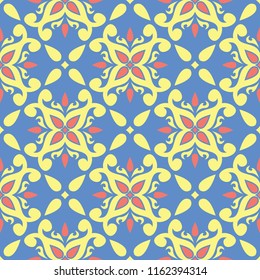 Blue seamless pattern with floral design. Colored background with red yellow flower elements for wallpapers, textile and fabrics