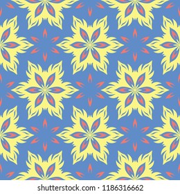 Blue seamless pattern with floral design. Colored background with red yellow flower elements for wallpapers, textile and fabrics