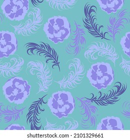blue seamless pattern floral with flowers and feathers. vector illustration