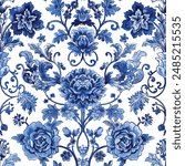 Blue Seamless Pattern With Floral Motifs Print Chinoiseries. Chinese Traditional Floral Ornamental Print Design Seamless Pattern Inspired by the timeless elegance of Chinoiserie porcelain art, classic