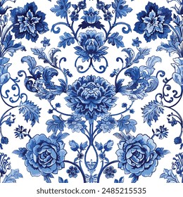 Patrón Azul Sin Costuras Con Motivos Florales Imprimir Chinoiseries. Diseño de estampado ornamental floral tradicional chino Patrón sin fisuras Inspirado en la elegancia atemporal del arte de porcelana Chinoiserie, clásico